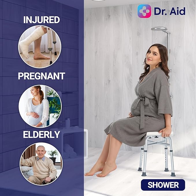 Dr. Aid Shower Chair for Inside Shower with 5-Height Adjustable Bath Seat for Adults, Seniors & Disabled, 3-Minute Tool-Free Assembly, Non-Slip Bathroom Seat for Tub & Small Showers