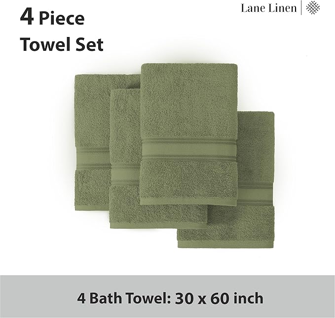 Lane Linen 100% Cotton 4 Pack Bath Towels (30"x60") - Zero Twist, Mercerized Cotton Bathroom Towel Set - Quick Dry, Extra Soft & Absorbent Large Bath Towels - Tumble Dry Regains Fluffiness - Oil Green