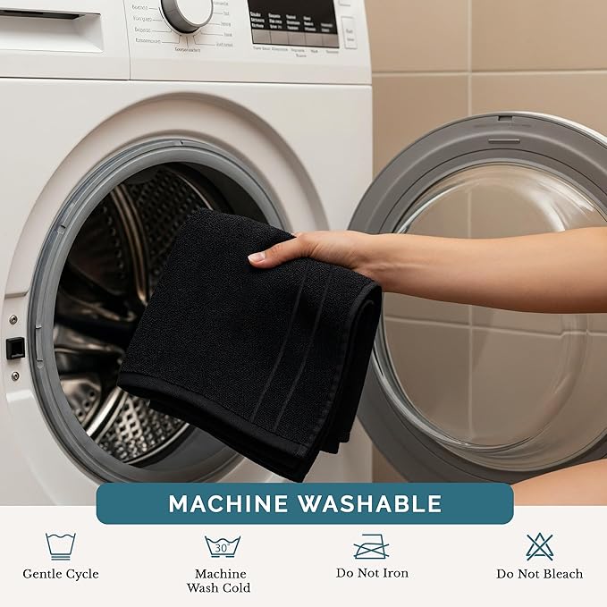 Casa Platino 100% Cotton Washcloths 12 Pack - Spa & Salon Quality Face Towels - Ring Spun, Soft & Absorbent Wash Cloths for Body, Beauty, Home, Gym - Fingertip Towels Set- 13"x13", Black Towel Set