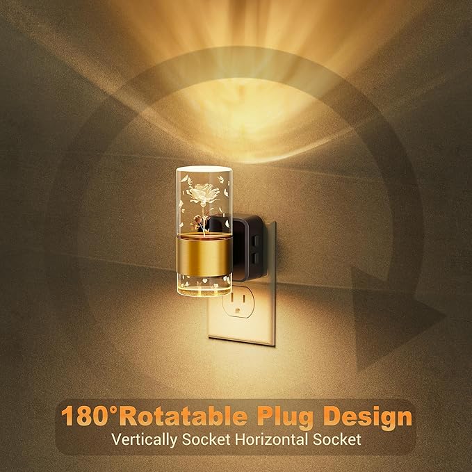 JandCase Night Lights Plug into Wall,Rose Carved Night Light for Girls, 3000K+RGB 10-Color LED Nightlight with Dusk to Dawn Sensor, 10/50/100LM Adjustable Brightness for Birthday Home Decor