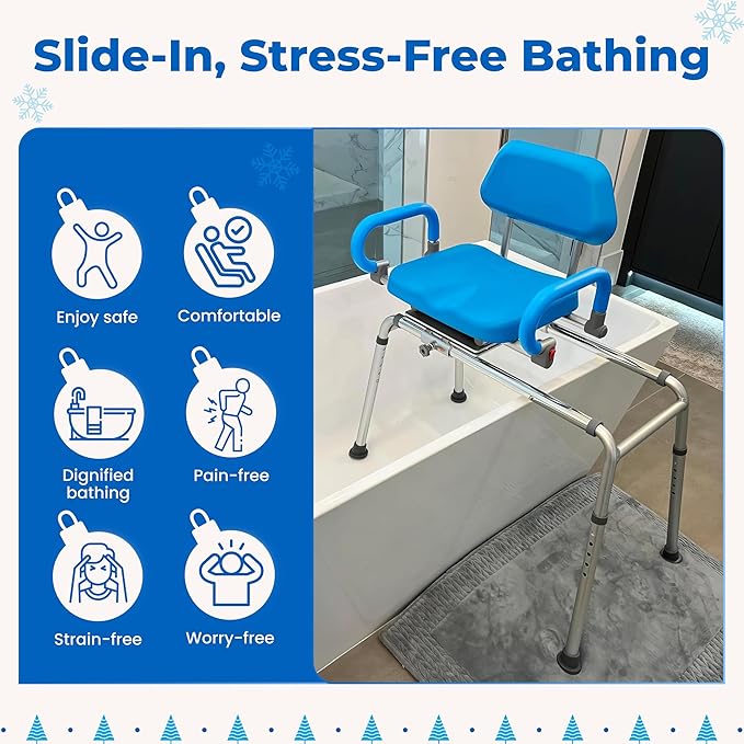 Platinum Health Carousel Sliding Shower Chair Tub Transfer Bench with Swivel Seat, Premium Padded, Pivoting Arms, Adjustable Space Saving Design for Tubs, Inside Shower, for Handicap & Seniors, Blue