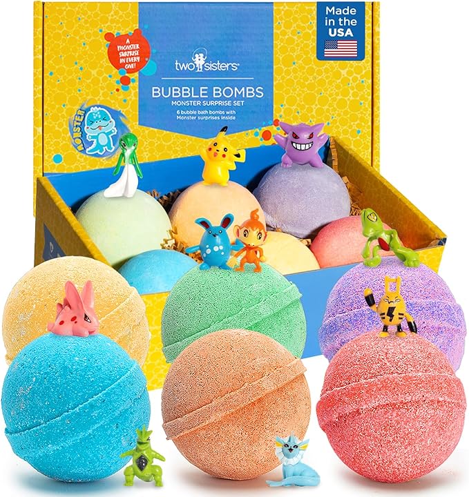 Poke Monster Bath Bombs for Kids with Surprise Inside (6 Pack) - Large Bubble Bath Bomb for Boys & Girls - Fruity Scent, Skin-Safe, USA Made, Birthday & Holiday Gift by Two Sisters