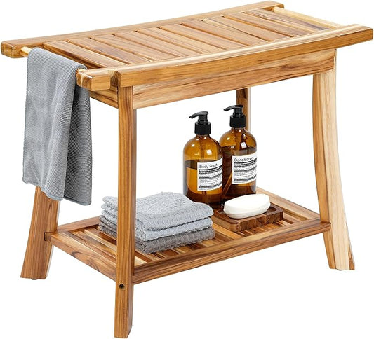 24" Solid Teak Shower Bench with Towel Bar & Storage Shelf - Waterproof Bath Stool with Fixed Non-Slip Feet, 300lbs Capacity, Natural