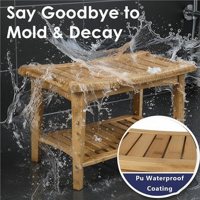 Bamboo Shower Bench with Storage Shelf, Waterproof Bath Stool for Bathroom, Spa Chair for Sitting, Shaving Legs, Elderly & Senior Safe, Heavy-Duty Bath Bench Chair, 23", 300 lbs Capacity (Wood Color)