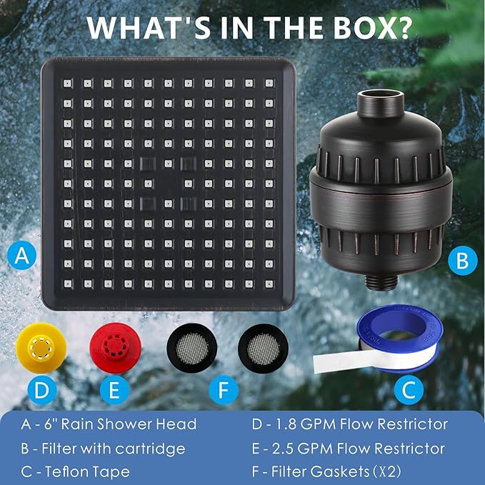 Voolan Filtered Shower Head - 20 Stage Luxury Rain Shower Filter For Hard Water for Remove Chlorine and Harmful Substances - 6" Square High Pressure Rainfall Showerhead (Oil Rubbed Bronze)