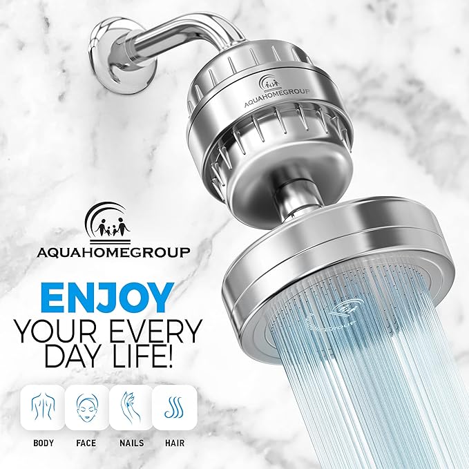 AquaHomeGroup Luxury Filtered Shower Head (Metal) 2 Cartridges Vitamin C+E+A + 5 Shower Caps - Reduses Chlorine & Sediments - Consistent Water Pressure - Massage and SPA Effery Shower Head