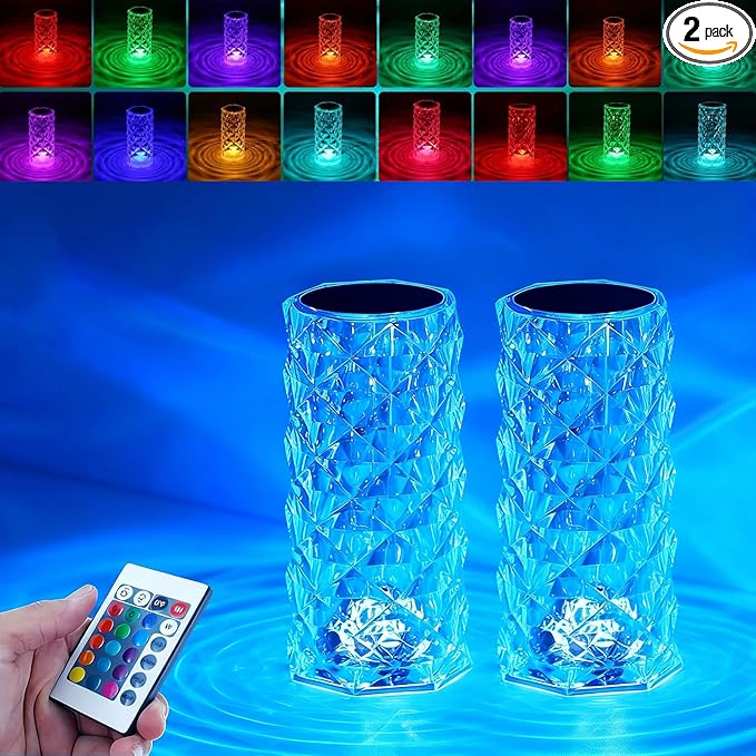 2Pack Crystal Table Lamp (Touch & Remote), 4 Modes 16 Color Changing Night Light, Rechargeable, Dimmable, RGB Rose Diamond Mood Lighting, Protable Cordless Desk Lamp for Bedroom Living Room Party