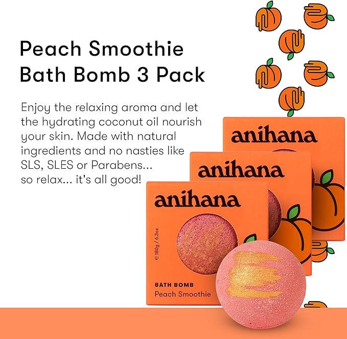 ANIHANA Bath Bombs with Coconut Oil, Paraben Free, Hand-Crafted Luxury Fizzers, Refreshing Peach Smoothie Scent, 6.3 oz Each, 3 Pack