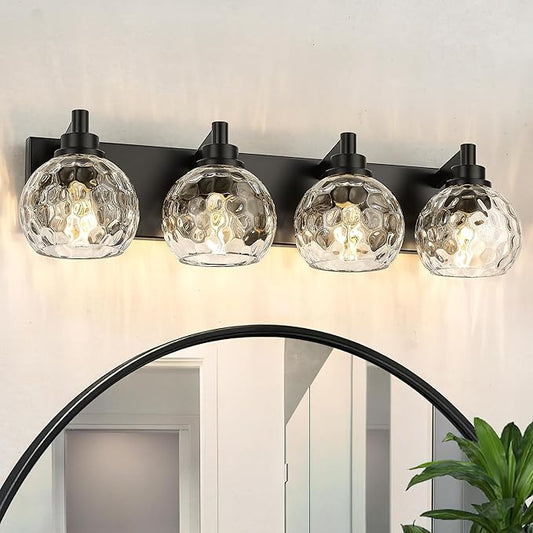 Bathroom Light Fixtures Over Mirror, 26" Matte Black Vanity Light with Clear Hammered Glass Globe Shade, 4-Light Modern Sconces Wall Lighting for Bedroom Hallway, VL200-MB-CL-4