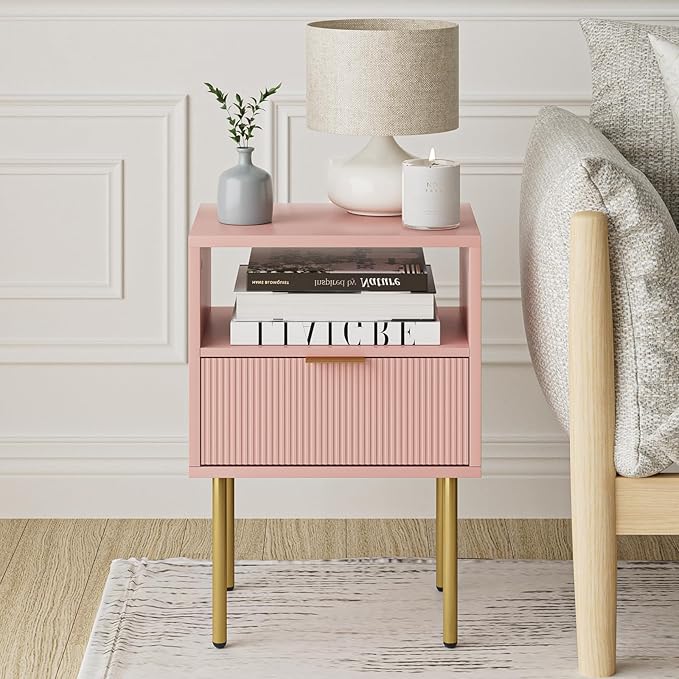 Masupu Night Stand,Mid-Century Modern Bedside Table with Storage Drawer and Open Wood Shelf,Small Gold Frame Side Table for Bedroom,Living Room, Pink
