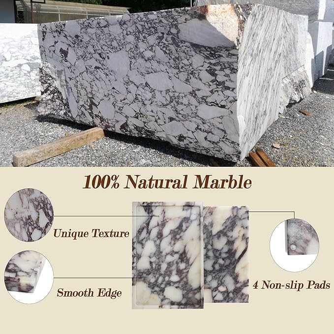 100% Real Luxury Natural Marble Vanity Tray Genuine Calacatta Viola Marble Stone Storage Trays for Home Decor Bathroom Vanity Dresser Kitchen, Non-Resin/Non-Ceramic, 11.7" x 7.8"
