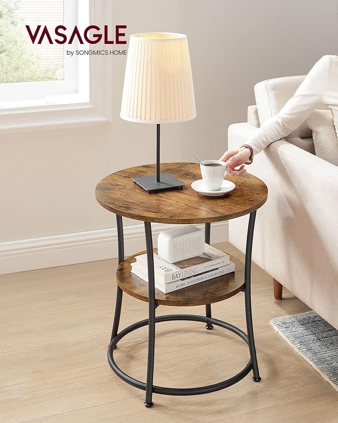 VASAGLE Side Table, 2-Tier Round End Table, Nightstand with Steel Frame for Small Spaces, Living Room, Bedroom, Rustic Brown and Ink Black