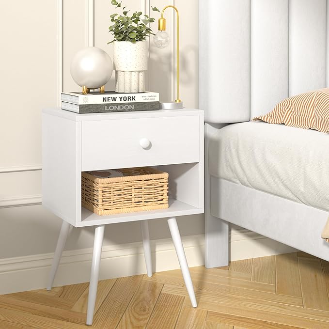 VECELO Nightstands Set of 2, Mid Century Modern End Bedside Table, Night Stand with Storage Drawer and 2 Tiers Open Shelf for Small Place, Bedroom, Living Room, Easy Assembly, Pure White