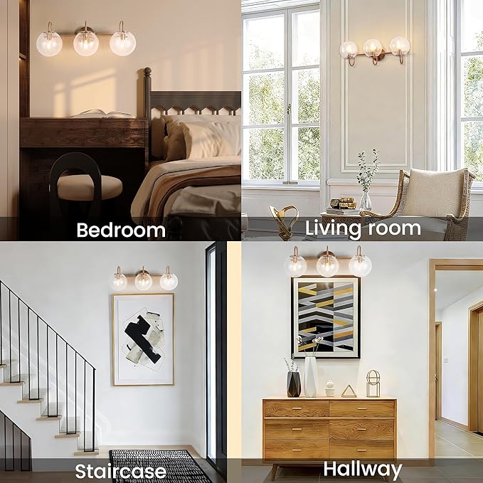 Gold Bathroom Light Fixture, Vanity Lights Over Mirror 3 Light Bathroom Vanity Light with Cracked Glass Globe Shade, Modern Wall Sconce Lighting for Bedroom, Kitchen Living Room Hallway Cabinet