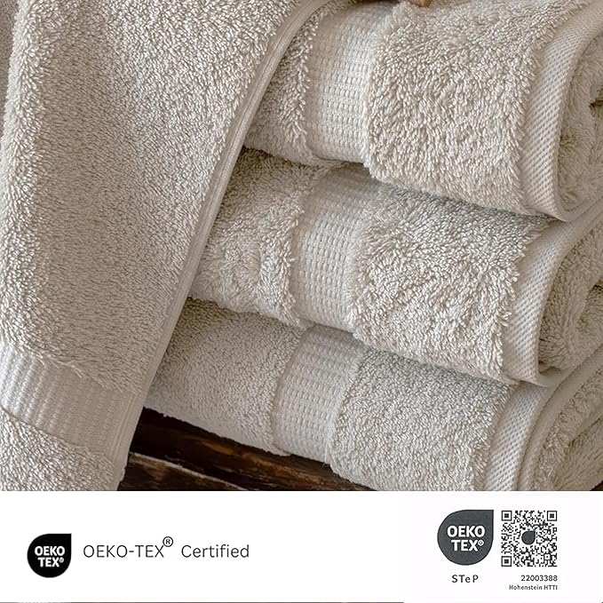 SALBAKOS 100% Turkish Cotton Bath Towel Set of 4 27x54 inch | Heirloom Quality | Hotel & Spa Collection | Ultra Soft, Super Absorbent, Long Lasting Bath Towels | Made in Turkey (Stone, 4 Bath Towels)