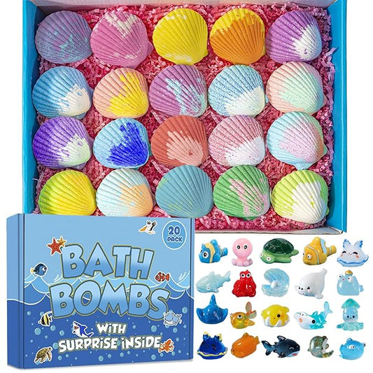 Bath Bombs for Kids with Surprise Marine Animals Inside, 20 Shell Kids Bath Bombs Gift Set, Handmade Bubble Bath Fizzes Bomb for Chrildren Birthday Christmas and Party Favor