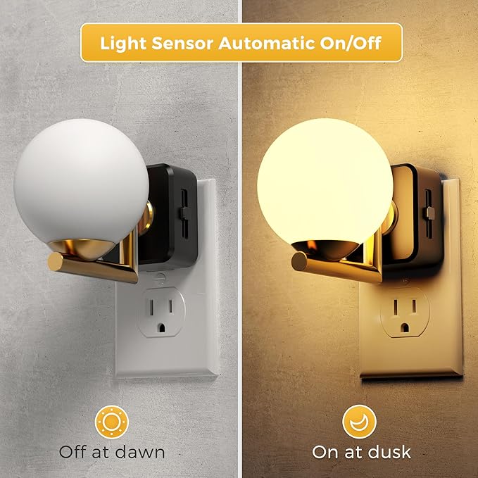 L LOHAS LED Night Lights Plug Into Wall 2 Pack, Dusk to Dawn Sensor, 3000K Nightlight, 0-100LM Adjustable Brightness, 180°Rotating Plug in Night Light for Bathroom, Hallway, Bedroom, Stairway