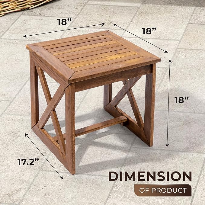 100% Acacia Wood Small Table, Outdoor Side Table for Patio, Poolside, Garden, Backyard, Entryway, Outdoor Space (X-braced Style)