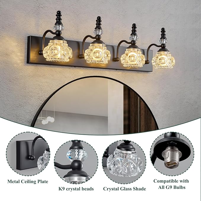 Modern Crystal Bathroom Vanity Light Black Vintage Bathroom Light Fixtures 4-Lights Glass Crystal Vanity Lights