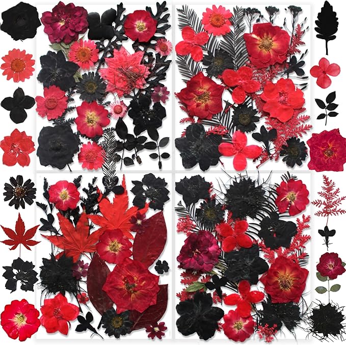 141PCS Black Red Dried Pressed Flowers for Resin - Youthbro Real Nature Flowers Butterfly Stikers Set for Christmas DIY Candle Soap Vase Making Nail Card Scrapbook Art Craft Floral Decors
