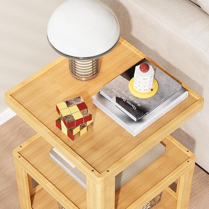 ZIYOO 3-Tier Solid Wood Mobile Side Table with Wheels, Wooden Night Stand, Unique Floating Design Storage Organizer for Bedroom, Living Room, Small Spaces, Natural Bamboo