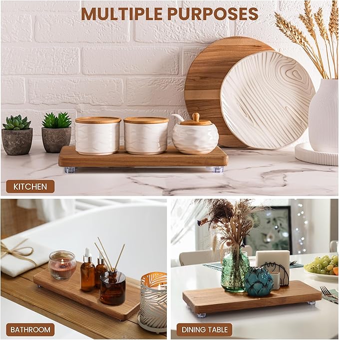 12.6"x5" Solid Teak Wood Riser & Tray - Farmhouse Organizer with Non-Slip Base | Rustic Bathroom & Kitchen Tray for Countertop, Sink Decor | Natural Finish Pedestal Stand (Neutral Home Decor)