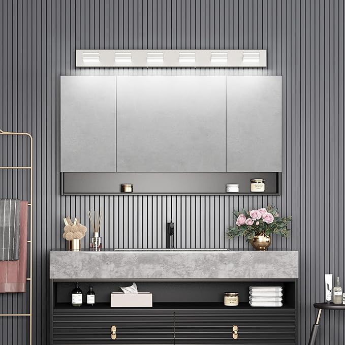 Ralbay 48inch Brushed Nickel Bathroom Vanity Light 6-Light Metal Acrylic Modern LED Bathroom Lighting Over Mirror