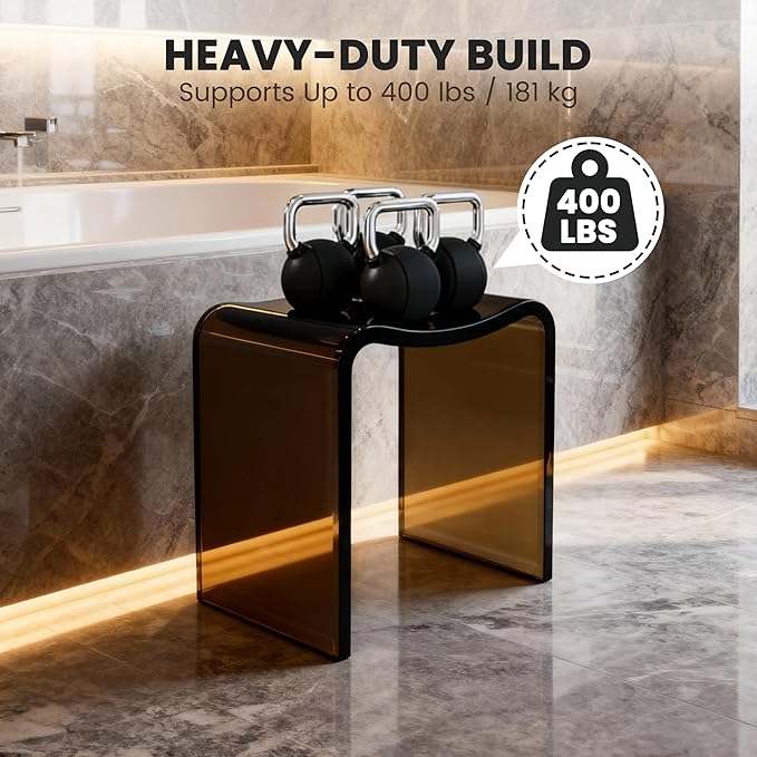 CASAINC Solid Surface Bathroom Stool Resin Shower Stool for Inside Shower Modern Transparent Black Waterproof Shower Bench with 400 lb Load Capacity, No Assembly