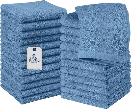 DAN RIVER 24 Pack Wash Cloths for Showering [12x12] - 100% Cotton Washcloths Premium Quality Flannel Face Cloths for Bathroom, Highly Absorbent and Soft Feel Wash Clothes, M Blue