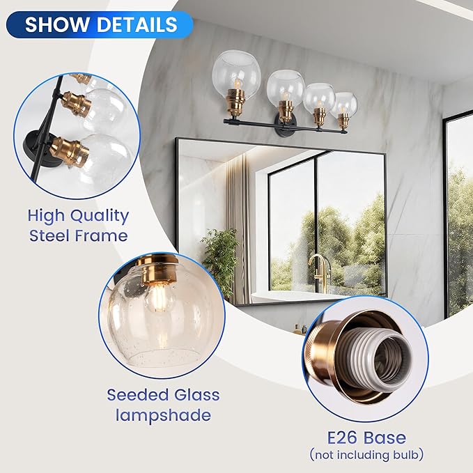 Modern Wall Light Fixtures, 4-Lights Vanity Lights, Black and Gold Bathroom Wall Sconce Over Mirror Vanity Lights with Clear Seeded Glass Lampshade for Bedroom Living Room Dressing Table