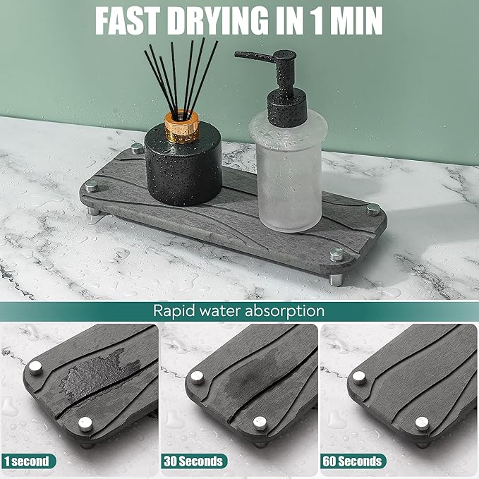 2 PCS Quick Drying Stone Tray for Bathroom Counter- Water Absorbing & Fast Drying in Seconds - Kitchen Sink Caddy Organizer for Countertop as Sponge Holder (Gray and Dark Gray)