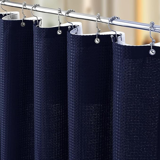 3 in 1 Shower Curtain Set, Waffle Shower Curtain and Liner Set with 12 Double Sided Shower Curtain Hooks, 258GSM Luxury Weighted Cloth Shower Curtains for Bathroom, 72 W x 84 H, Navy Blue
