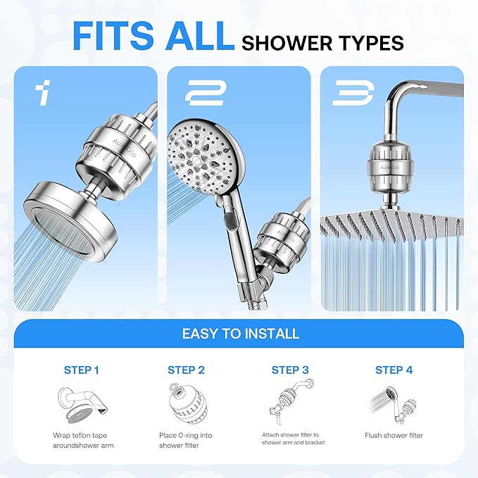25 Stage High Output Shower Filter, Improves Skin, Hair & Nails - Chlorine, Hard Water Filter, Chrome Plated, 1 Setting, Includes Cartridges