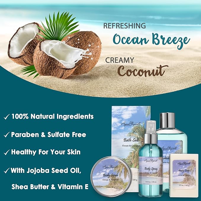 Spa Baskets For Women - Luxury Bath Set With Ocean & Coconut - Spa Kit Includes Wash, Bubble Bath, Lotion, Bath Salts, Body Scrub, Body Spray, Shower Puff, Bathbombs, Soap and Towel
