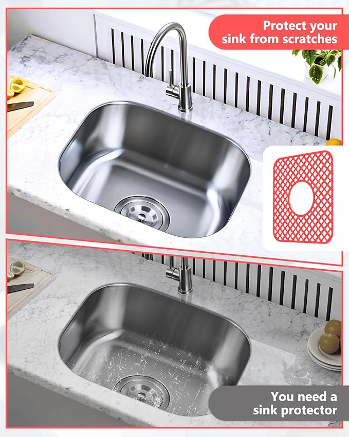 2 Pack Silicone Sink Protector for Kitchen Sink, Lozenge Pattern 13 x 11 inches Sink Grid Mat Silicone Protectors, Center Drain, Red