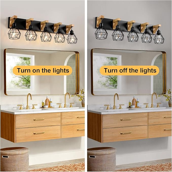 5-Light Farmhouse Bathroom Vanity Light Fixtures, Wood Bathroom Light Over Mirror, Rustic Sconces Wall Lighting with Elegant Metal Lampshade for Living Room, Bedroom, Hallway…