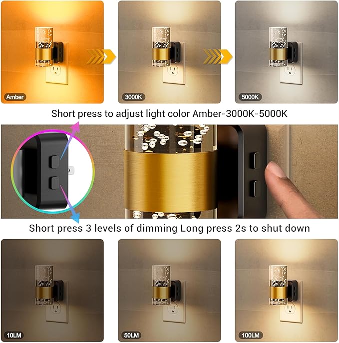 JandCase Night Lights Plug into Wall, 2 Pack 3CCT Color Changing Night Light, 10/50/100LM Adjustable Brightness Nightlight, Amber/3000K/5000K Nightlight with Dusk to Dawn Sensor for Home Decor