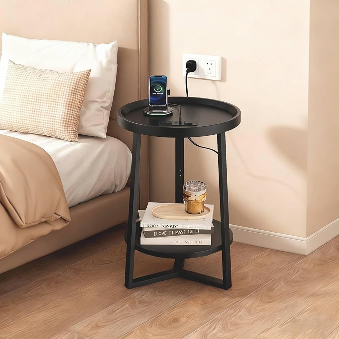 WLIVE Round End Table, 2 Tier Side Table with Charging Station, Round Nightstand with Storage Shelf, Small Spaces, Living Room/Bedroom, Wood Tabletop & Metal Frame, Black