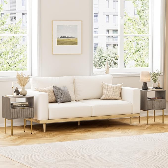 Masupu Night Stand,Mid-Century Modern Bedside Table with Storage Drawer and Open Wood Shelf,Small Gold Frame Side Table for Bedroom,Living Room, Grey