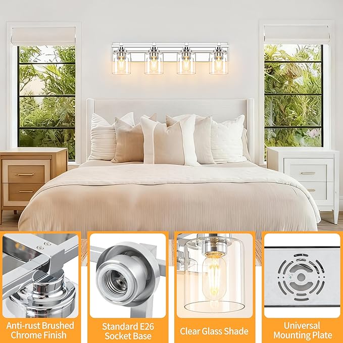 4 Light Modern Bathroom Light Fixtures Over Mirror, Chrome Vanity Lights for Bathroom Wall Sconces with Clear Glass Shades, E26 Socket (Bulbs Not Included)