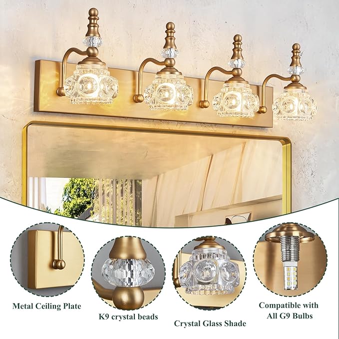 Modern Glass Crystal Vanity Light - Vintage Bathroom Lighting Fixtures Over Mirror, 4 Light Vanity Lights G9 Bulb (27.55 Inch,Brass)