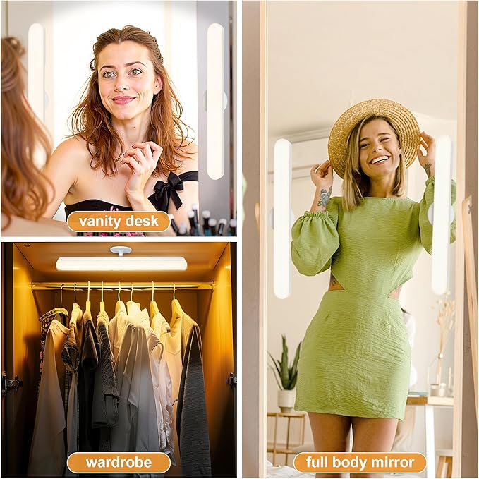 Set of 2 Wireless Vanity Makeup Lights for Mirror, Rechargeable LED Stick On Light Bar for Bathroom Mirror with Dimmable 3 CCT, Long Battery Life Cordless Light for Vanity Desk(Dark Brown)