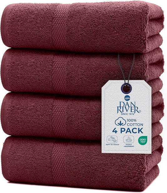 DAN RIVER Bath Towels Set of 4, 27 x 54 Inches, 100% Cotton, Larger & Lighter Weight, Quicker to Dry, Super Soft and Absorbent, Ideal Soft Bath Towels for Daily Use, Pomegrante