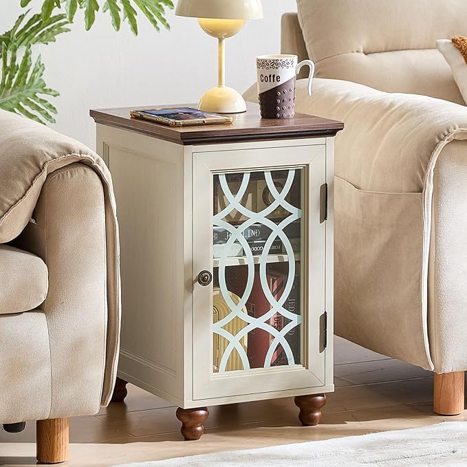 Narrow Side Table with Glass Door, 18 x 14'' Night Stand with Adjustable Shelf Storage Cabinet Organizer, Bedside End Tables Wood Nightstand for Small Spaces Living Room Bedroom