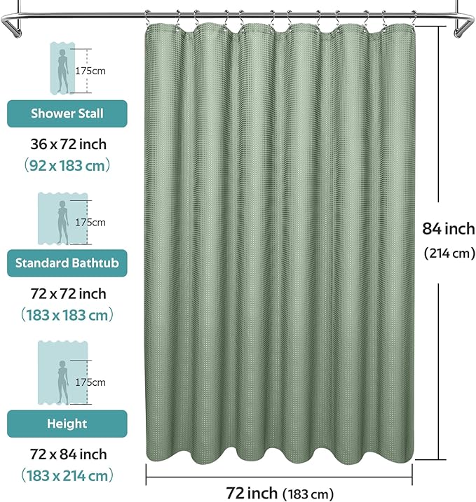 3 in 1 Shower Curtain Set, Waffle Shower Curtain and Liner Set with 12 Double Sided Shower Curtain Hooks, 258GSM Luxury Weighted Cloth Shower Curtains for Bathroom, 72 W x 84 H, Sage Green