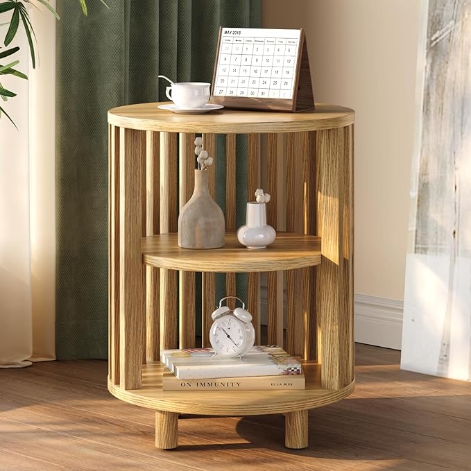 Round End Table, Wood Bedside Table, Mid Century Modern Nightstand with Open Storage Shelf, 3 Tier Small Side Tables for Living Room, Bedroom, Curved Profile Design, Natural Oak(2-Pack)