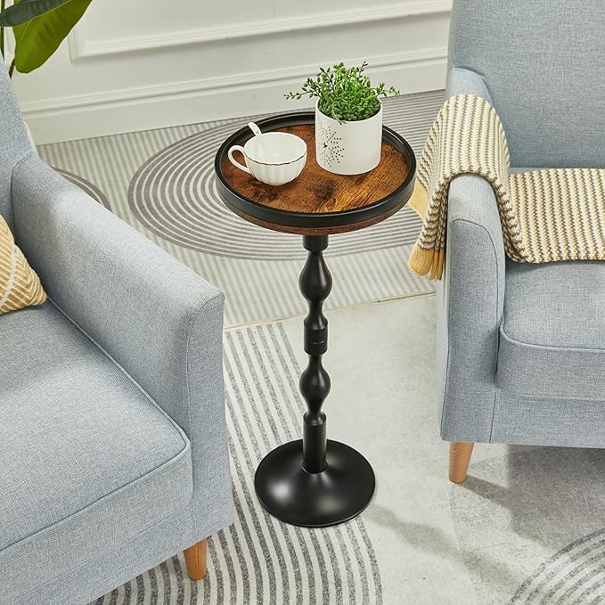 Small Round Drink Table,Pedestal Tables,Small Round Side Table for Narrow Spaces,End Table for Living Room, Bedroom, Bathroom,Balcony (Rustic Brown)