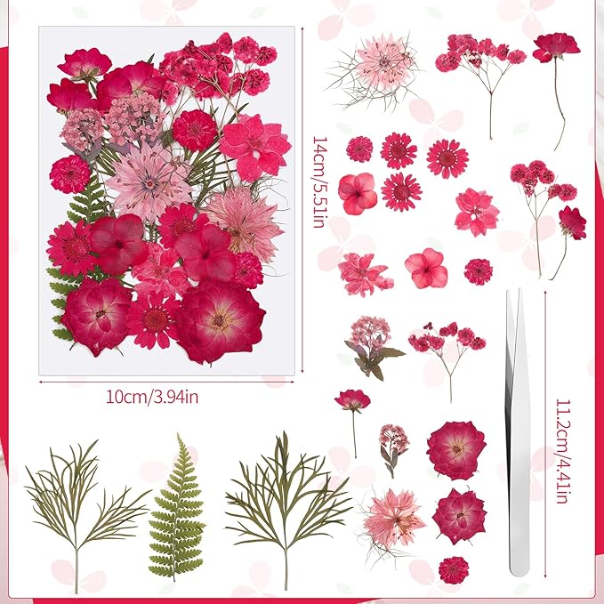100 Pcs Dried Pressed Flowers, Real Natural Dried Wildflowers Leave with Tweezer Floral Decoration for DIY Crafts, Candle Making, Resin Mold and Scrapbooking Mixed Pink