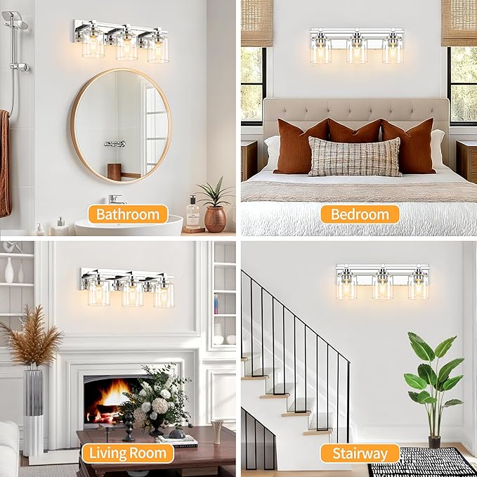 3 Light Modern Bathroom Light Fixtures Over Mirror, Chrome Vanity Lights for Bathroom Wall Sconces with Clear Glass Shades, E26 Socket (Bulbs Not Included)