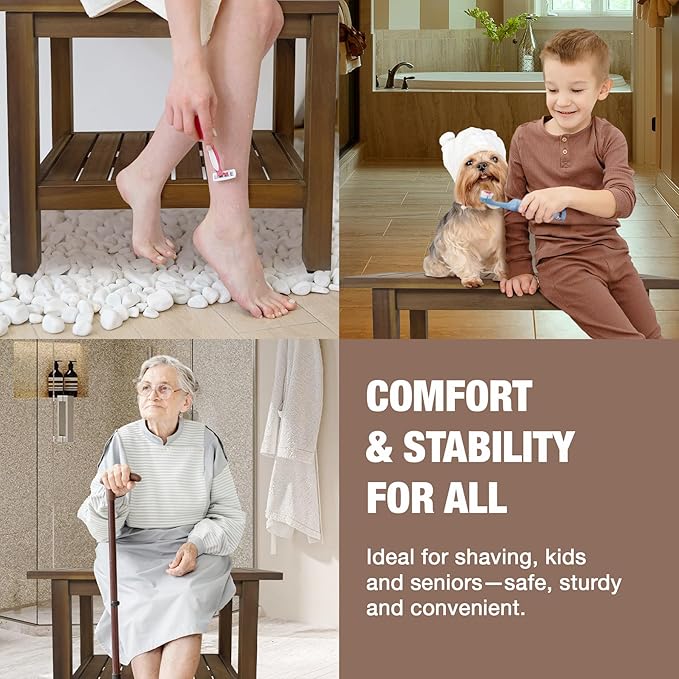 24 inch Acacia Wood Shower Bench with Storage Shelf - Waterproof Sturdy Shower Stool - Shower Seats for Adults and Elderly - Bathroom Bench 350 lb Capacity